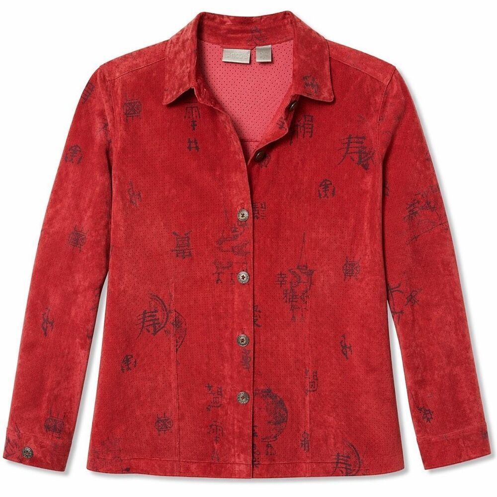 Chico’s Perforated Leather Jacket Shacket Red Print Button Front Women 1